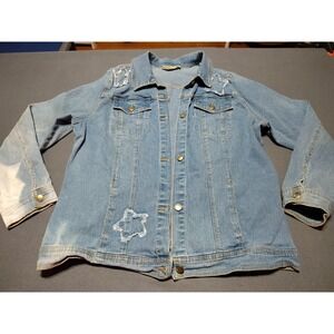 DG2 by Diane Gilman Denim Jacket Women XL Blue Distressed Classic Stretch 70's